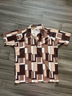 Vintage 70s Lilly Dache Op Art Geometric Block Pattern Disco Collar Polo Shirt